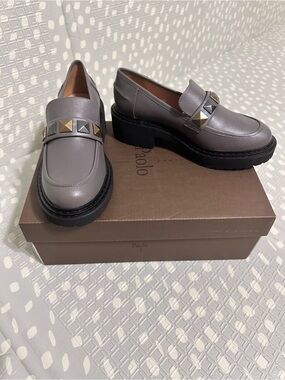 Linea Paolo Gray Moss Leather Studded Platform Loafers